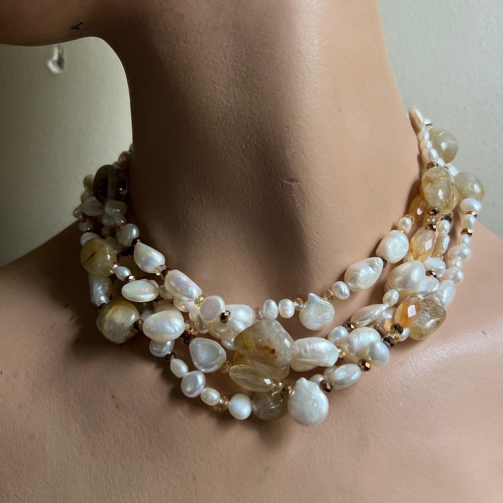 Pearl Rutilated Quartz‎ White 18" Multi-Strand Statement Necklace